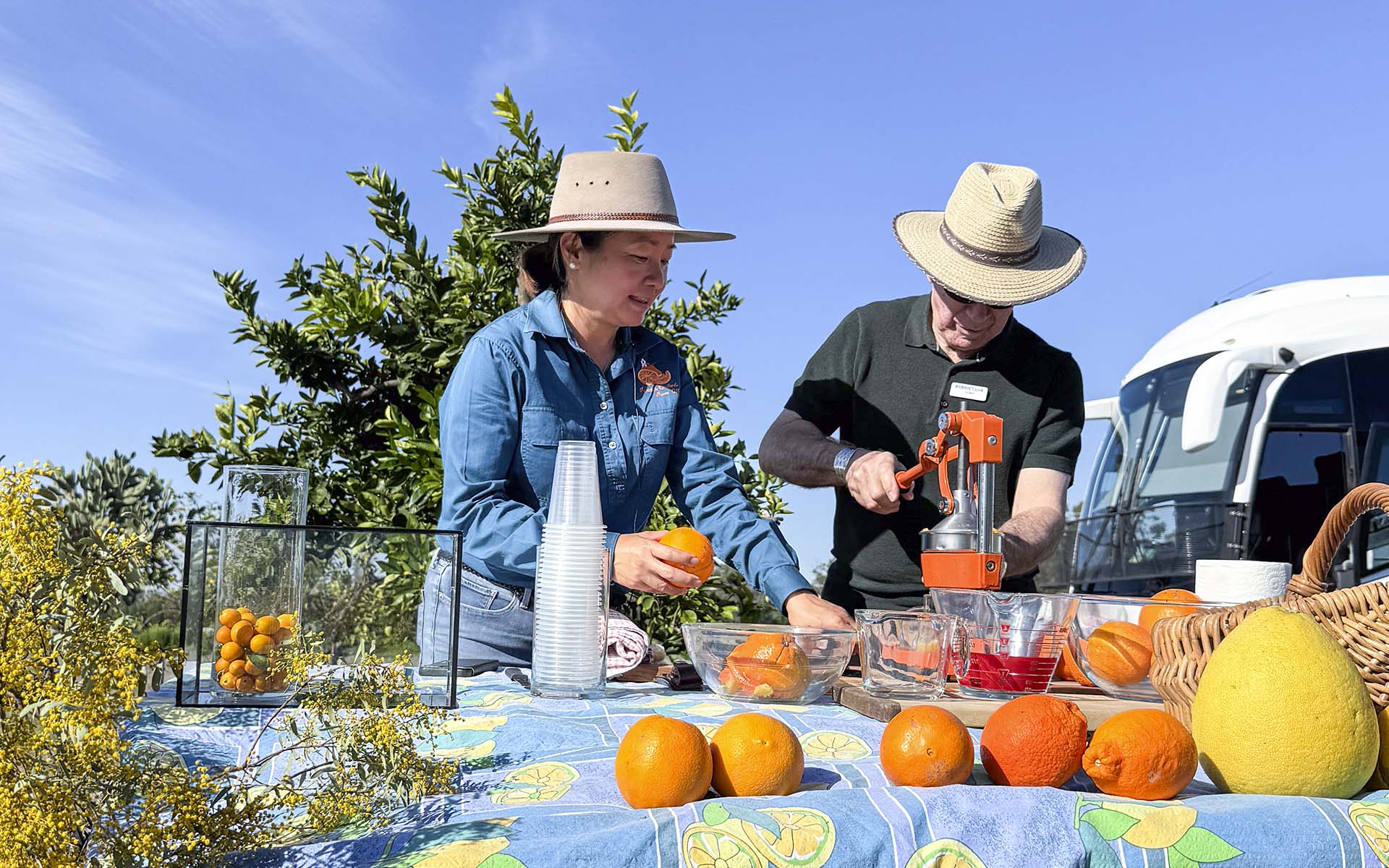 Two people doing a demonstration of pressing oranges